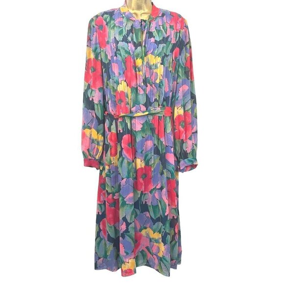 Vintage Helga Sheer Floral Day Dress L Belted Maxi Office Capsule Romantic